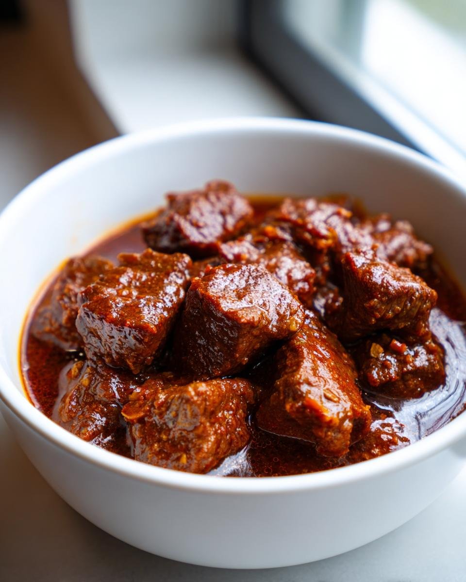 Nahaufnahme von zartem Fleisch in dunkler, w&uuml;rziger Sauce: Paula Deens Goulash in einer wei&szlig;en Sch&uuml;ssel.