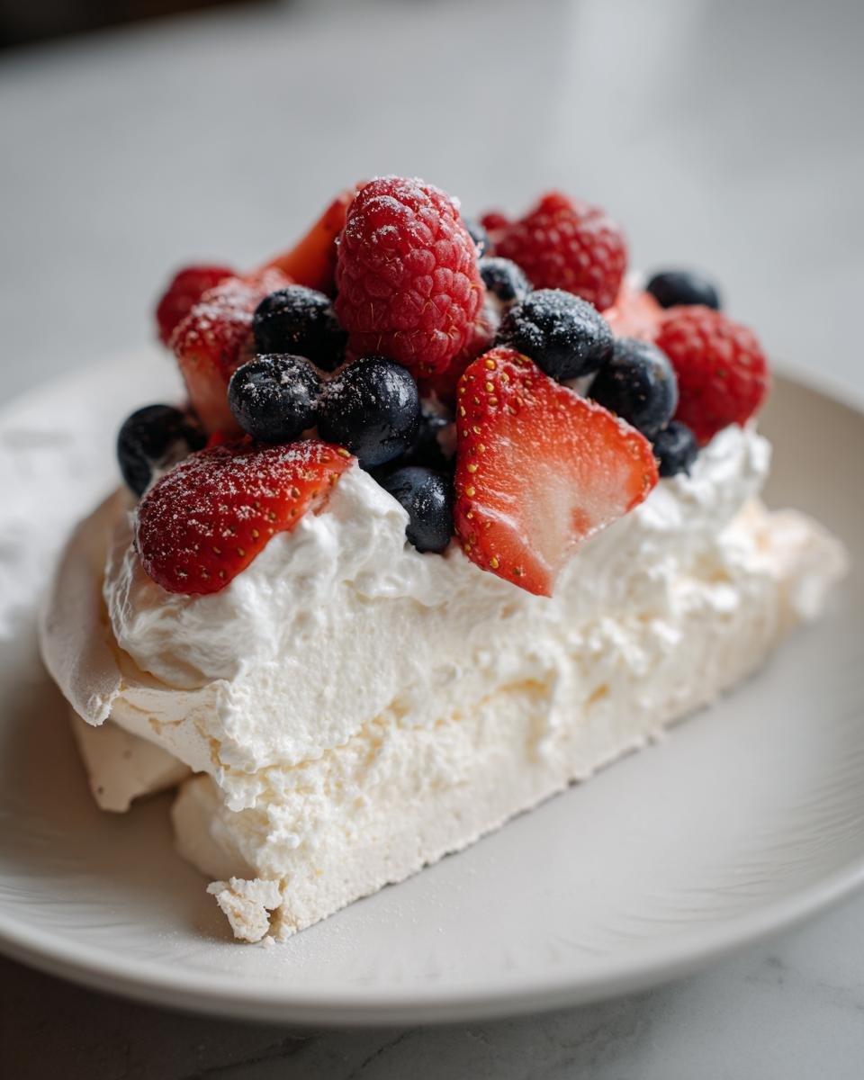 Nahaufnahme eines St&uuml;cks Pavlova Dessert mit knusprigem Baiser, Sahne und frischen Erdbeeren, Himbeeren und Blaubeeren.