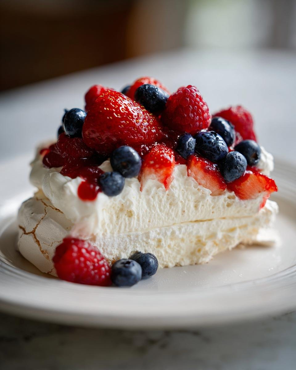 Nahaufnahme eines cremigen St&uuml;cks Pavlova Dessert mit Schlagsahne und frischen Erdbeeren, Himbeeren und Blaubeeren.