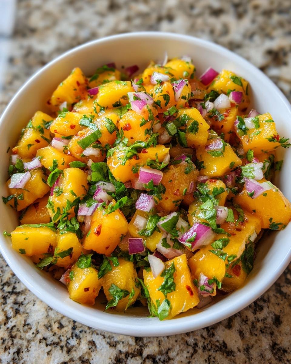 Nahaufnahme einer frisch zubereiteten Peach Salsa mit gew&uuml;rfelten Pfirsichen, roten Zwiebeln und Koriander in einer wei&szlig;en Sch&uuml;ssel.