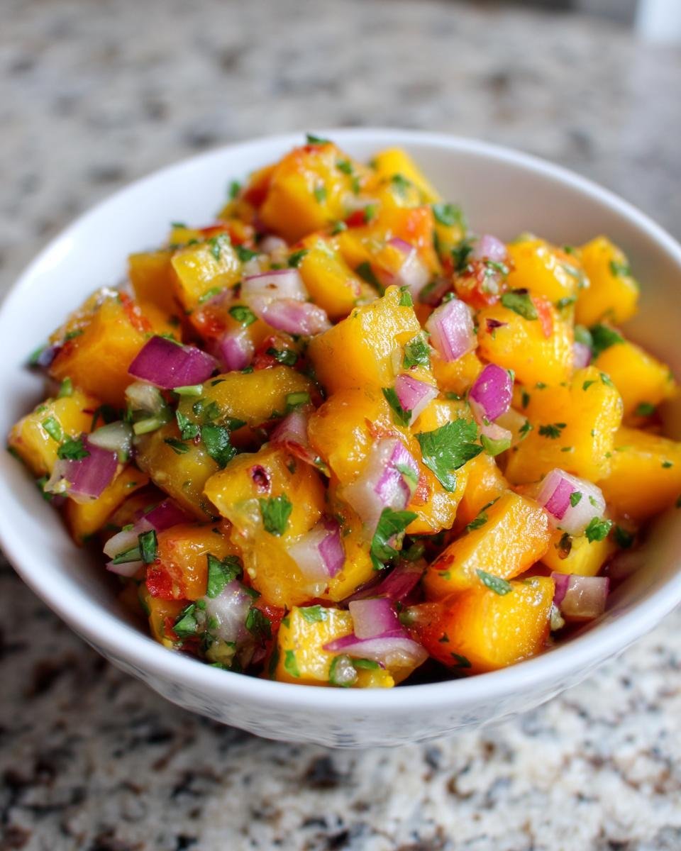 Nahaufnahme einer wei&szlig;en Schale gef&uuml;llt mit bunter Peach Salsa aus gew&uuml;rfelten Pfirsichen und roten Zwiebeln.