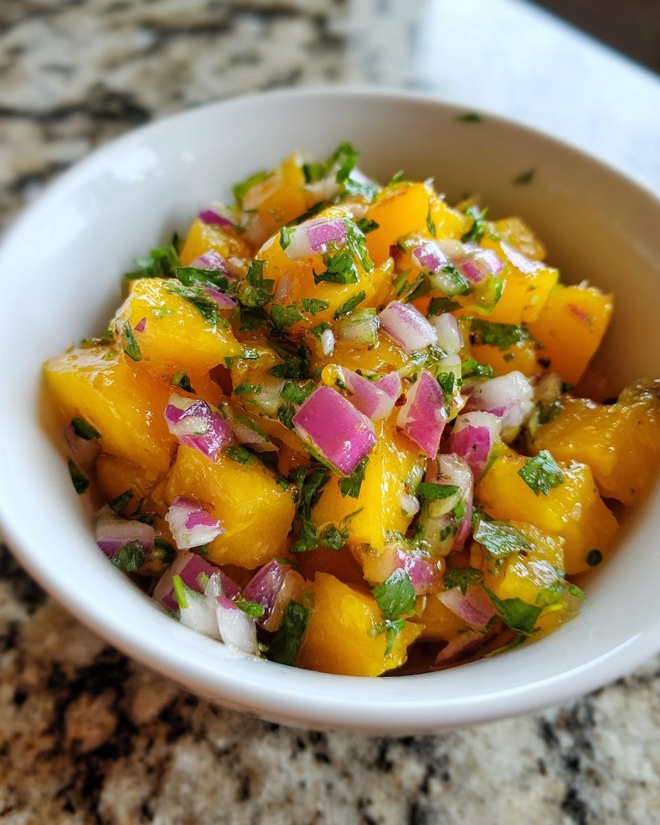 Nahaufnahme einer leuchtend gelben Peach Salsa mit gew&uuml;rfelten Pfirsichen, roten Zwiebeln und Koriander in einer wei&szlig;en Schale.