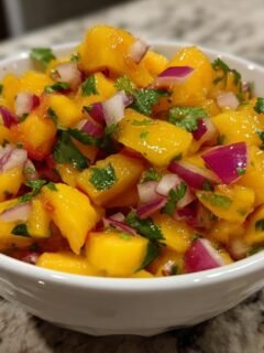 Nahaufnahme einer wei&szlig;en Sch&uuml;ssel gef&uuml;llt mit leuchtend gelber Peach Salsa, gew&uuml;rfeltem Pfirsich, roter Zwiebel und Koriander.