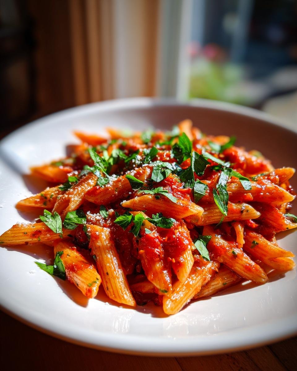 Nahaufnahme von Penne Arrabbiata in einer weißen Schüssel, bedeckt mit scharfer Tomatensoße, frischer Petersilie und geriebenem Käse.