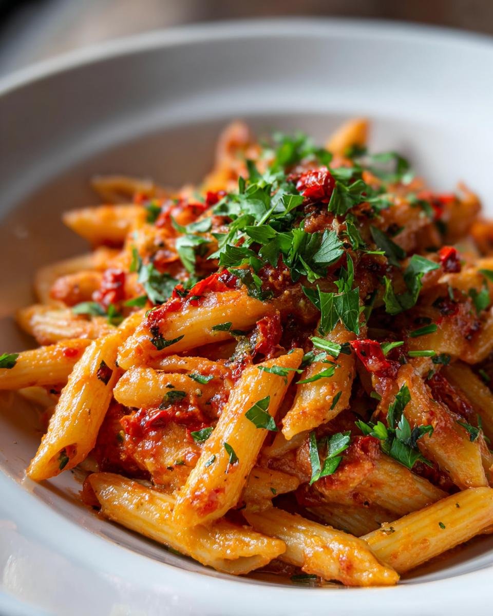 Nahaufnahme von Penne Arrabbiata in einer weißen Schüssel, bedeckt mit scharfer Tomatensauce und frischer Petersilie.