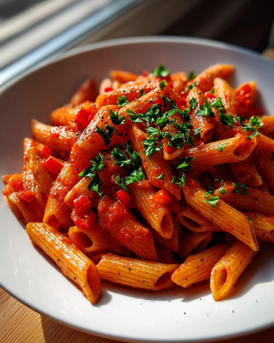 Nahaufnahme von Penne Arrabbiata mit würziger Tomatensauce und frischer Petersilie garniert.