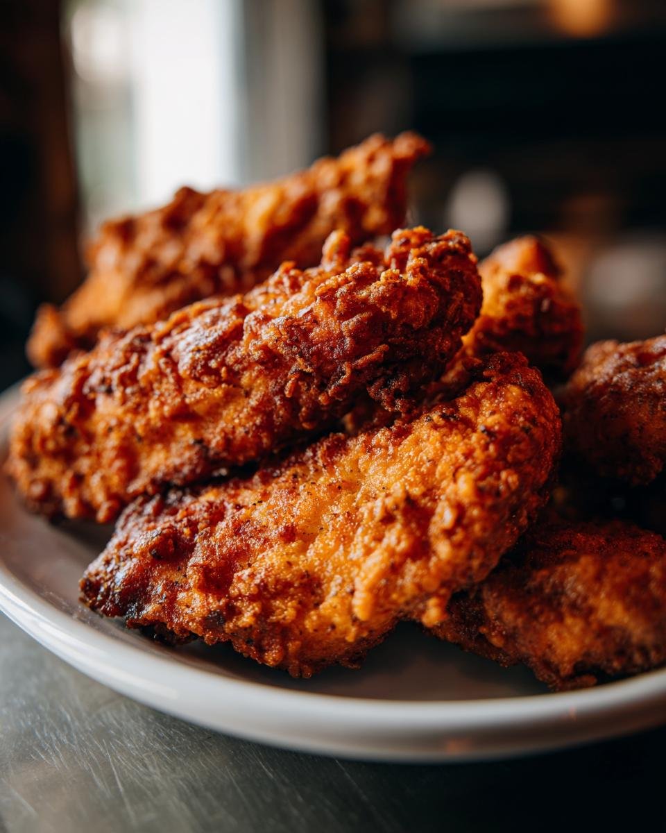 Nahaufnahme von mehreren goldbraunen, knusprigen Crispy Tenders auf einem wei&szlig;en Teller.
