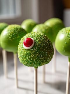 Mehrere leuchtend gr&uuml;ne Grinch Cake Pops mit Streuseln, einer mit einem roten Knopfauge, stehen auf einem hellen Untergrund.