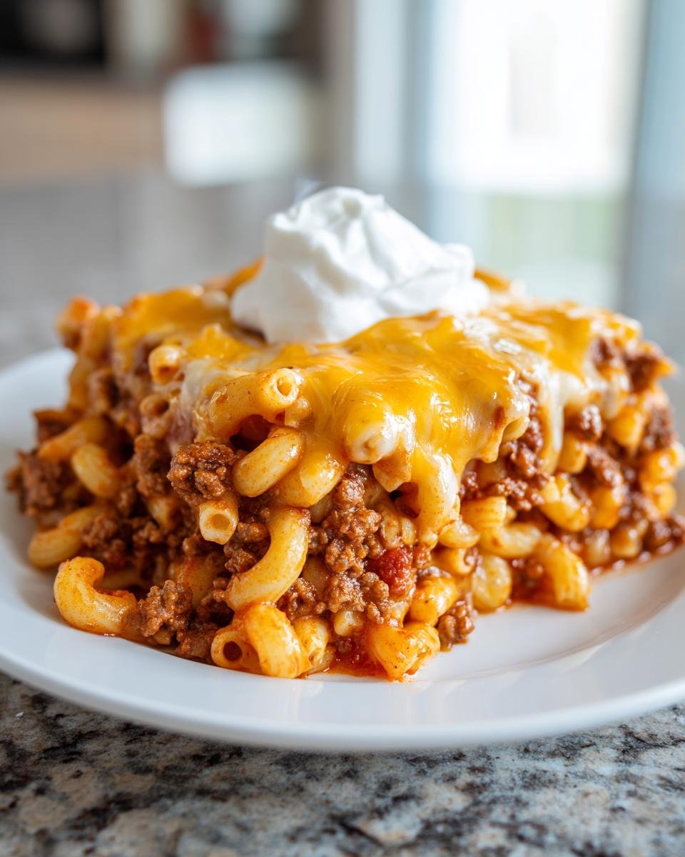 Ein Teller mit herzhafter Taco Pasta, bedeckt mit geschmolzenem K&auml;se und einem Klecks Sauerrahm.