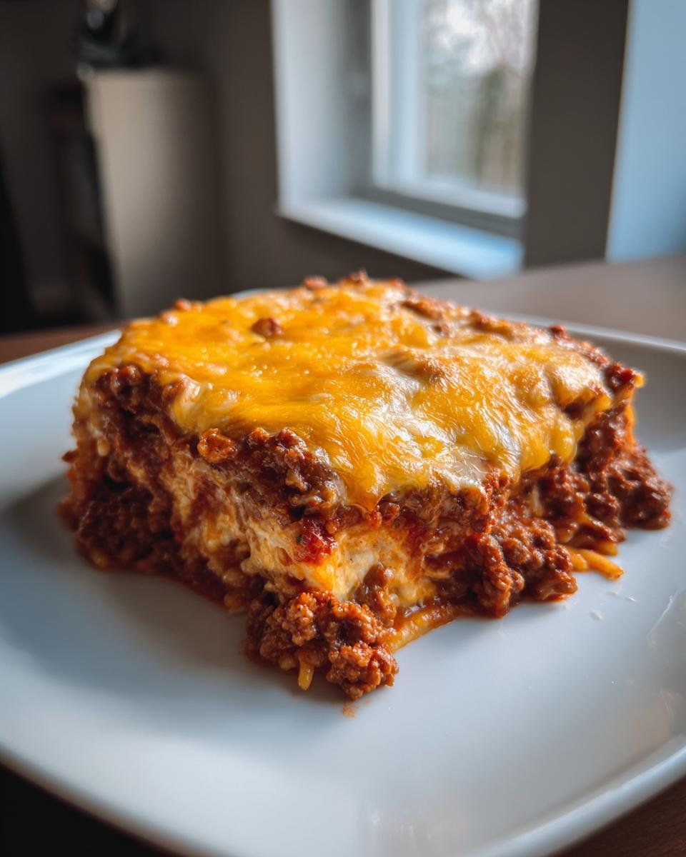 Ein St&uuml;ck Taco Spaghetti mit Hackfleisch und geschmolzenem Cheddar-K&auml;se auf einem wei&szlig;en Teller.