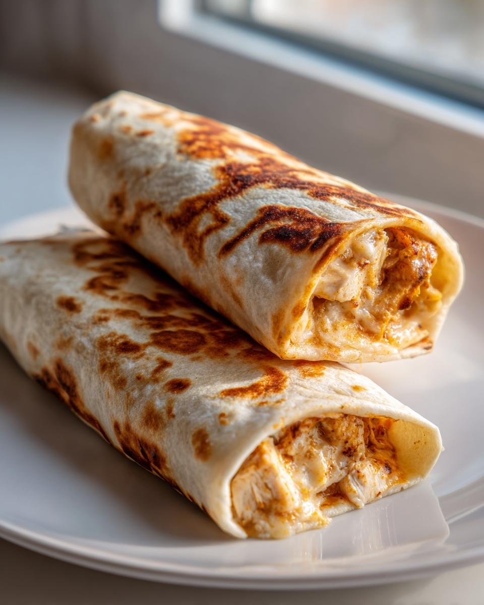 Zwei gebratene Quick And Cheesy Garlic Chicken Wraps auf einem wei&szlig;en Teller, gef&uuml;llt mit H&auml;hnchen und K&auml;se.