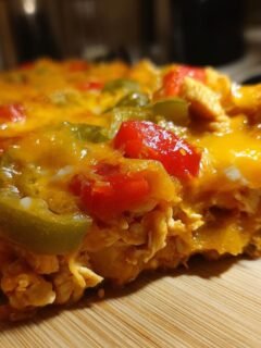 Nahaufnahme eines St&uuml;cks Quick Cheesy Fajita Chicken Casserole mit geschmolzenem K&auml;se und Paprika.