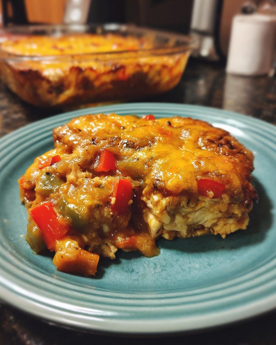 Ein St&uuml;ck Quick Cheesy Fajita Chicken Casserole mit geschmolzenem K&auml;se und Paprika auf einem blauen Teller.