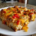 Ein St&uuml;ck Quick Cheesy Fajita Chicken Casserole mit geschmolzenem K&auml;se und Paprikast&uuml;cken auf einem wei&szlig;en Teller.