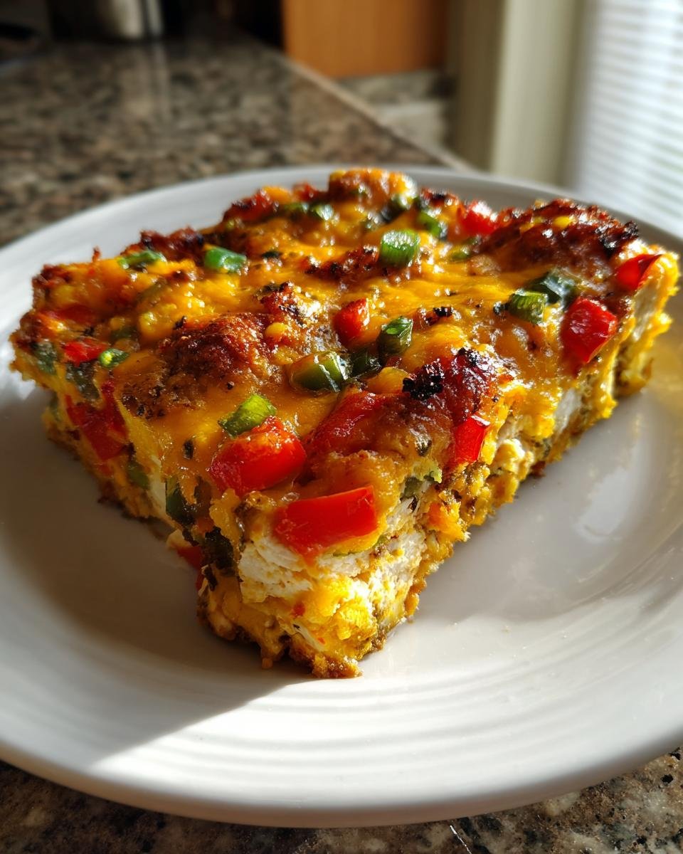 Ein St&uuml;ck Quick Cheesy Fajita Chicken Casserole mit geschmolzenem K&auml;se und Paprika auf einem wei&szlig;en Teller.