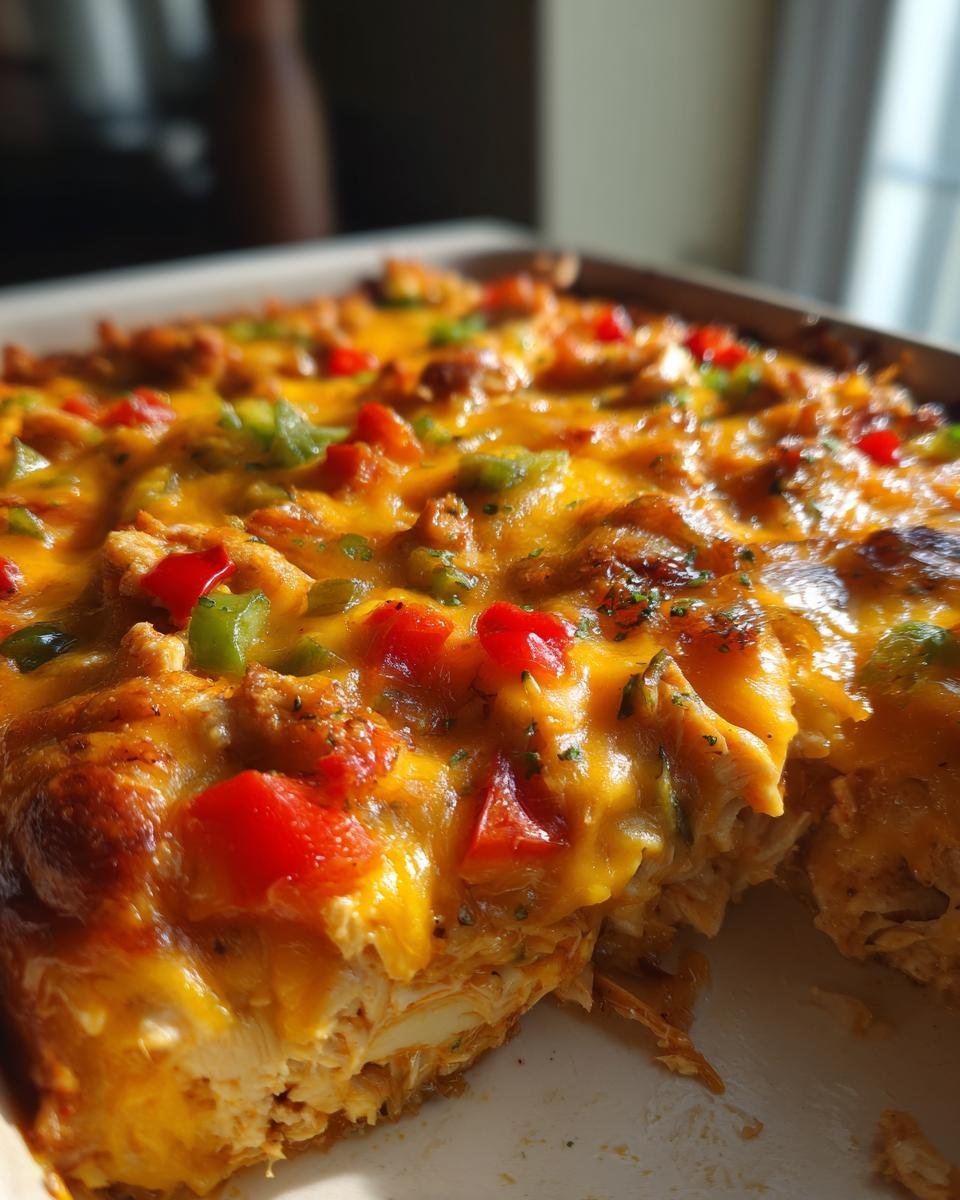 Nahaufnahme eines Auflaufs mit geschmolzenem K&auml;se, H&auml;hnchen und Paprikast&uuml;cken: Quick Cheesy Fajita Chicken Casserole.