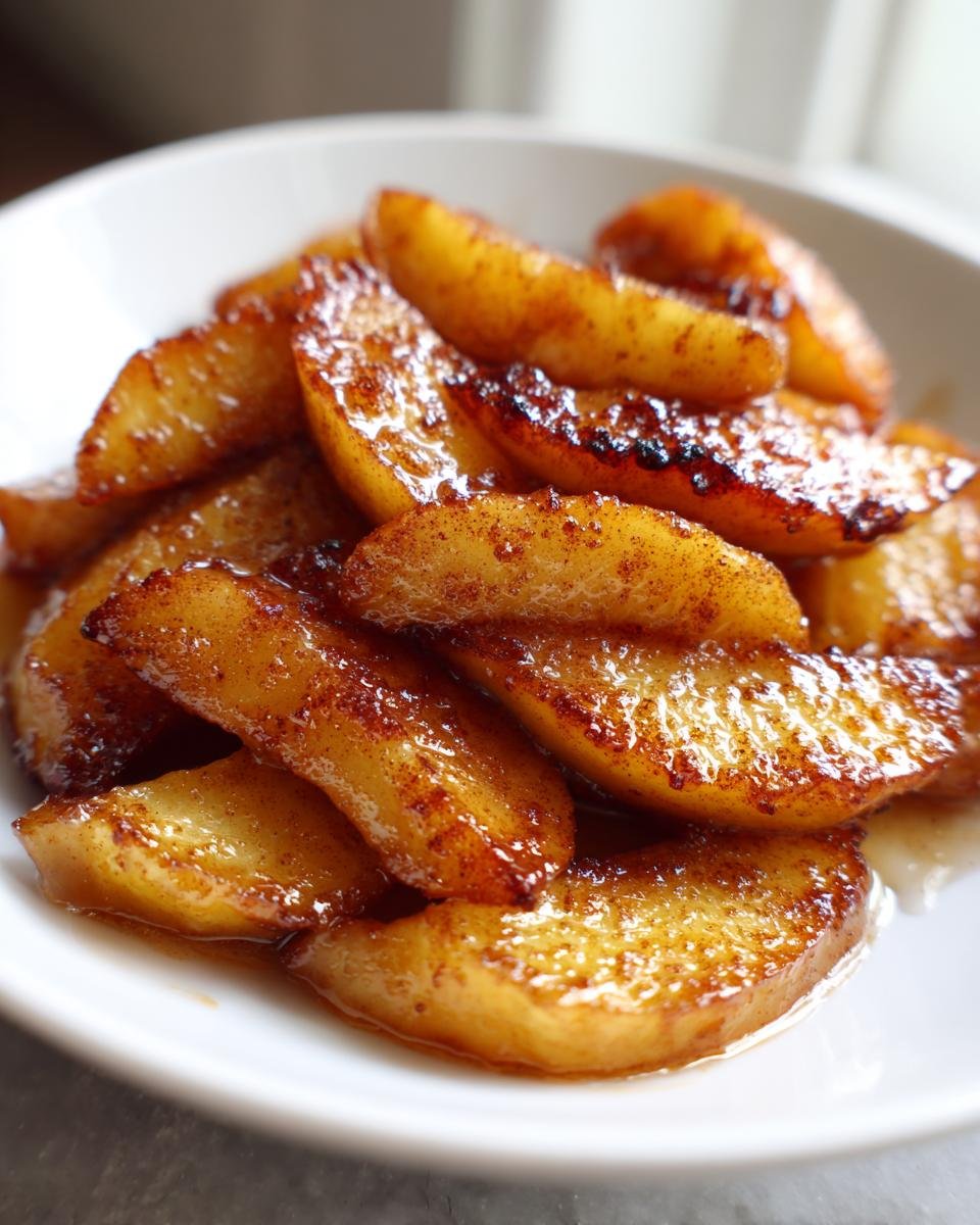 Nahaufnahme von karamellisierten Apfelspalten, die Teil des Quick Delicious Fried Apples Recipe sind.