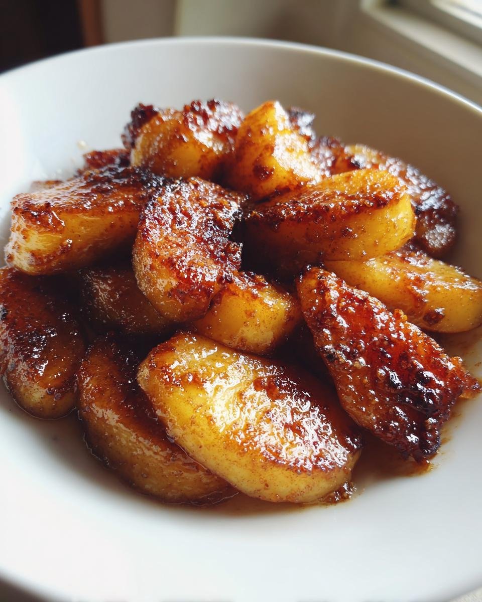Nahaufnahme von karamellisierten, gebratenen &Auml;pfeln mit Zimt auf einem wei&szlig;en Teller, perfekt f&uuml;r das Quick Delicious Fried Apples Recipe.