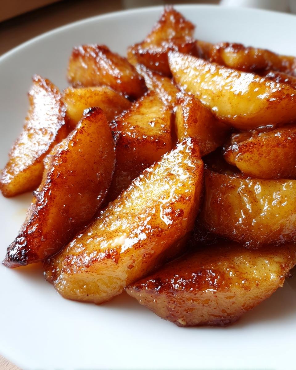 Nahaufnahme von karamellisierten, gebratenen &Auml;pfeln mit Zimt auf einem wei&szlig;en Teller, perfekt f&uuml;r das Quick Delicious Fried Apples Recipe.