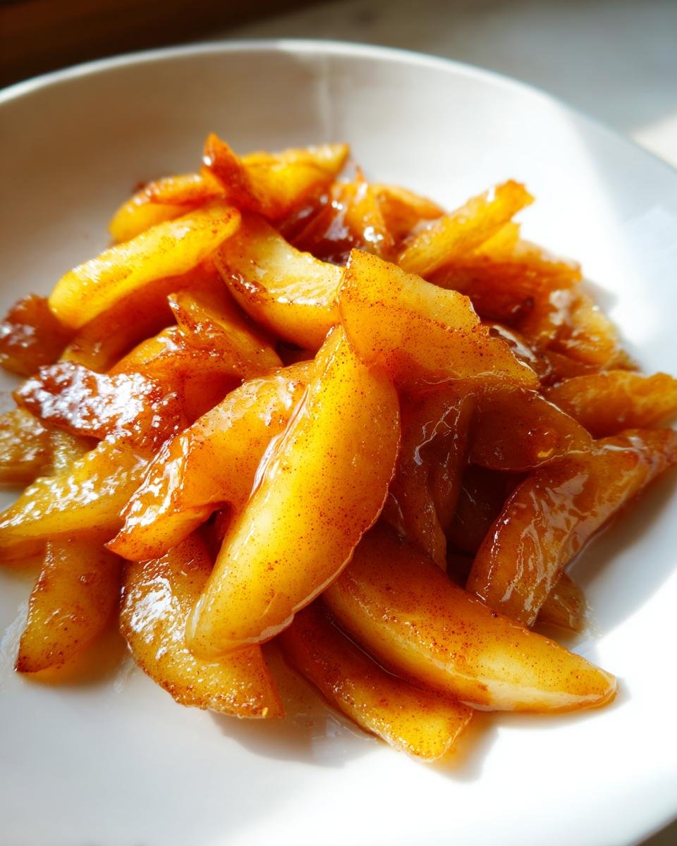 Nahaufnahme von karamellisierten, in Scheiben geschnittenen &Auml;pfeln mit Zimt f&uuml;r das Quick Delicious Fried Apples Recipe.