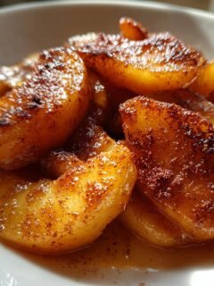 Nahaufnahme von karamellisierten, gebratenen &Auml;pfeln mit Zimt auf einem wei&szlig;en Teller, Teil des Quick Delicious Fried Apples Recipe.