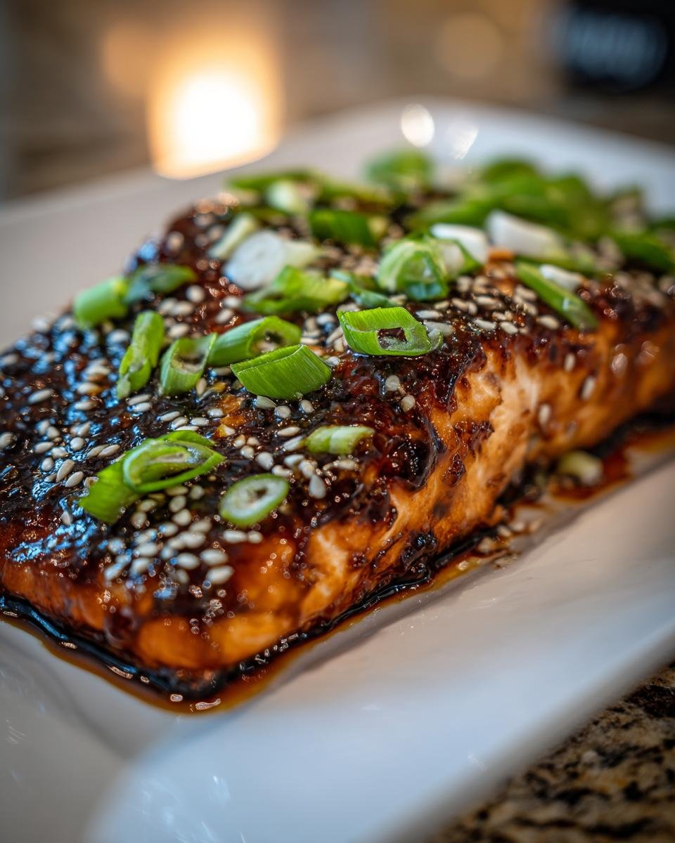Nahaufnahme von gebackenem Teriyaki Lachs mit dunkler Glasur, Sesam und gehackten Fr&uuml;hlingszwiebeln.