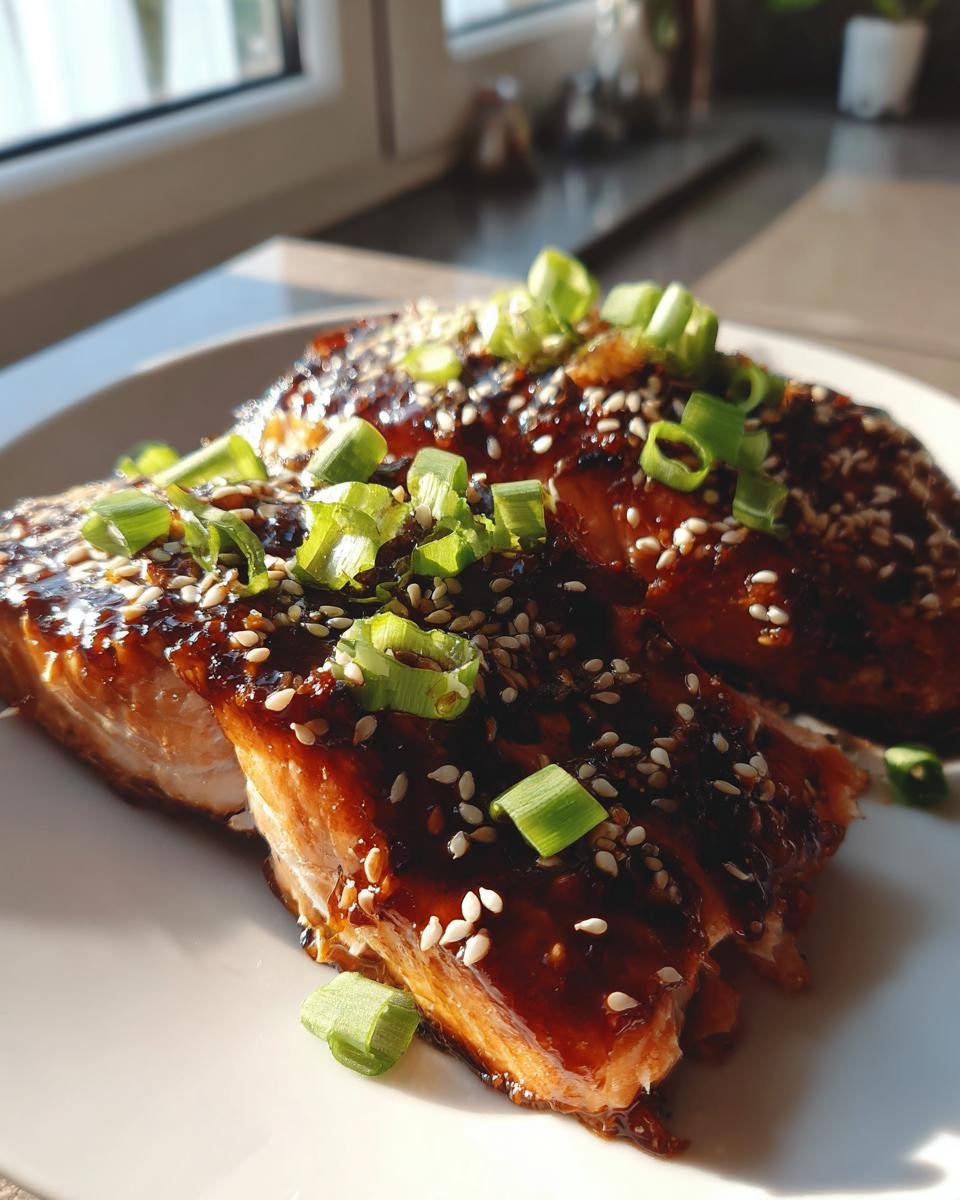 Zwei St&uuml;cke gebackener Teriyaki Lachs, glasiert und bestreut mit Sesam und Fr&uuml;hlingszwiebeln.