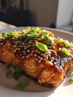 Ein saftiges St&uuml;ck gebackener Teriyaki Lachs, glasiert und bestreut mit Sesam und Fr&uuml;hlingszwiebeln.