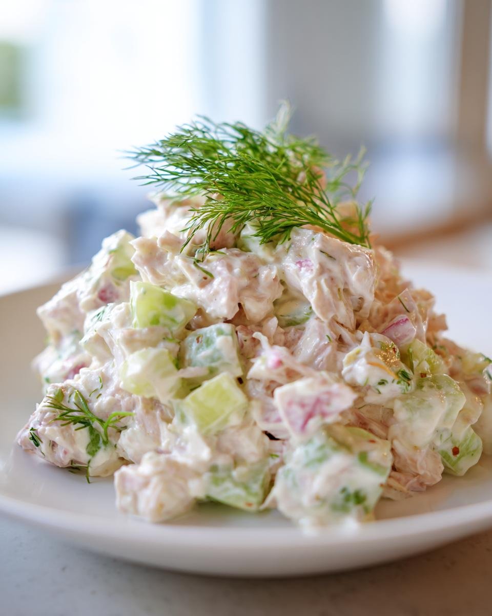 Nahaufnahme eines cremigen Krabbensalats mit Gurkenst&uuml;cken, garniert mit einem Zweig frischem Dill.