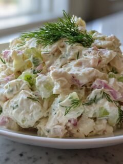 Nahaufnahme von cremigem Quick Easy Crab Salad Recipe mit Sellerie und Dill auf einem wei&szlig;en Teller.