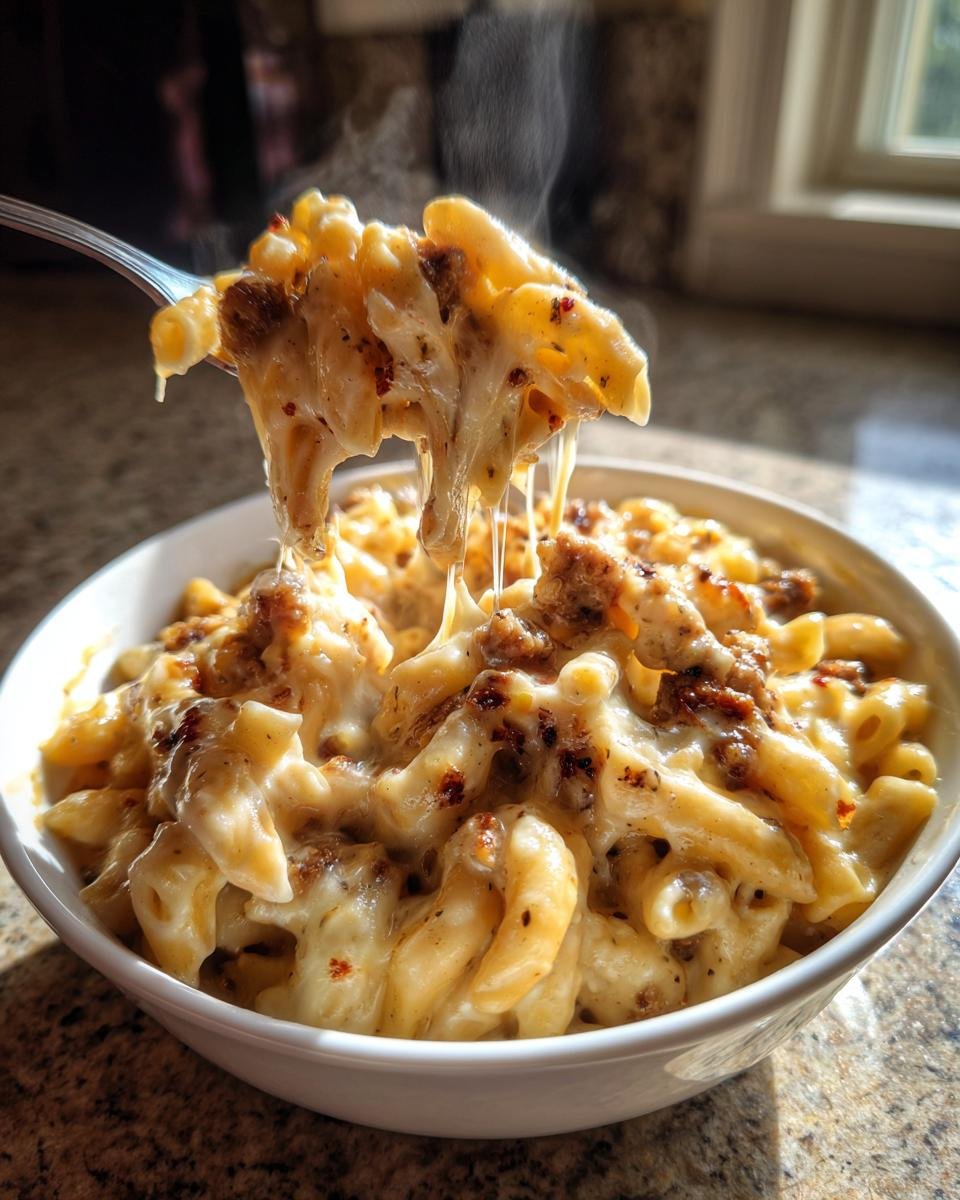 Nahaufnahme von dampfender K&auml;se-Wurst-Pasta aus einem Topf, wobei eine Gabel F&auml;den von geschmolzenem K&auml;se zieht.