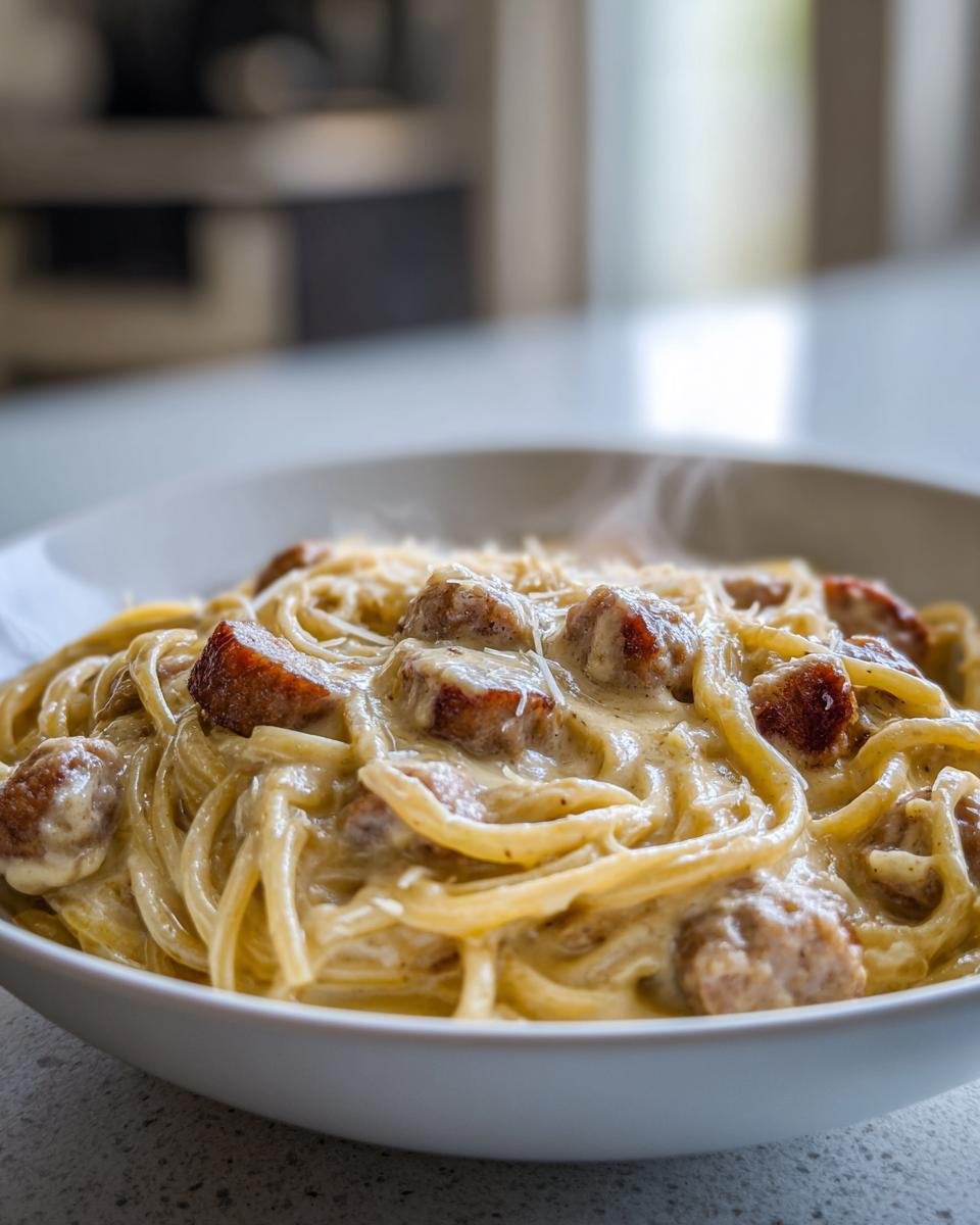 Nahaufnahme von dampfender Quick One Pot Cheesy Sausage Pasta mit cremiger So&szlig;e und Wurstst&uuml;cken.