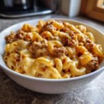 Nahaufnahme einer Sch&uuml;ssel mit Quick One Pot Cheesy Sausage Pasta, bedeckt mit geschmolzenem K&auml;se und Hackfleisch.