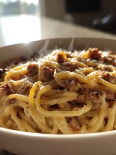 Nahaufnahme von dampfender Quick One Pot Cheesy Sausage Pasta mit K&auml;se bestreut in einer wei&szlig;en Sch&uuml;ssel.