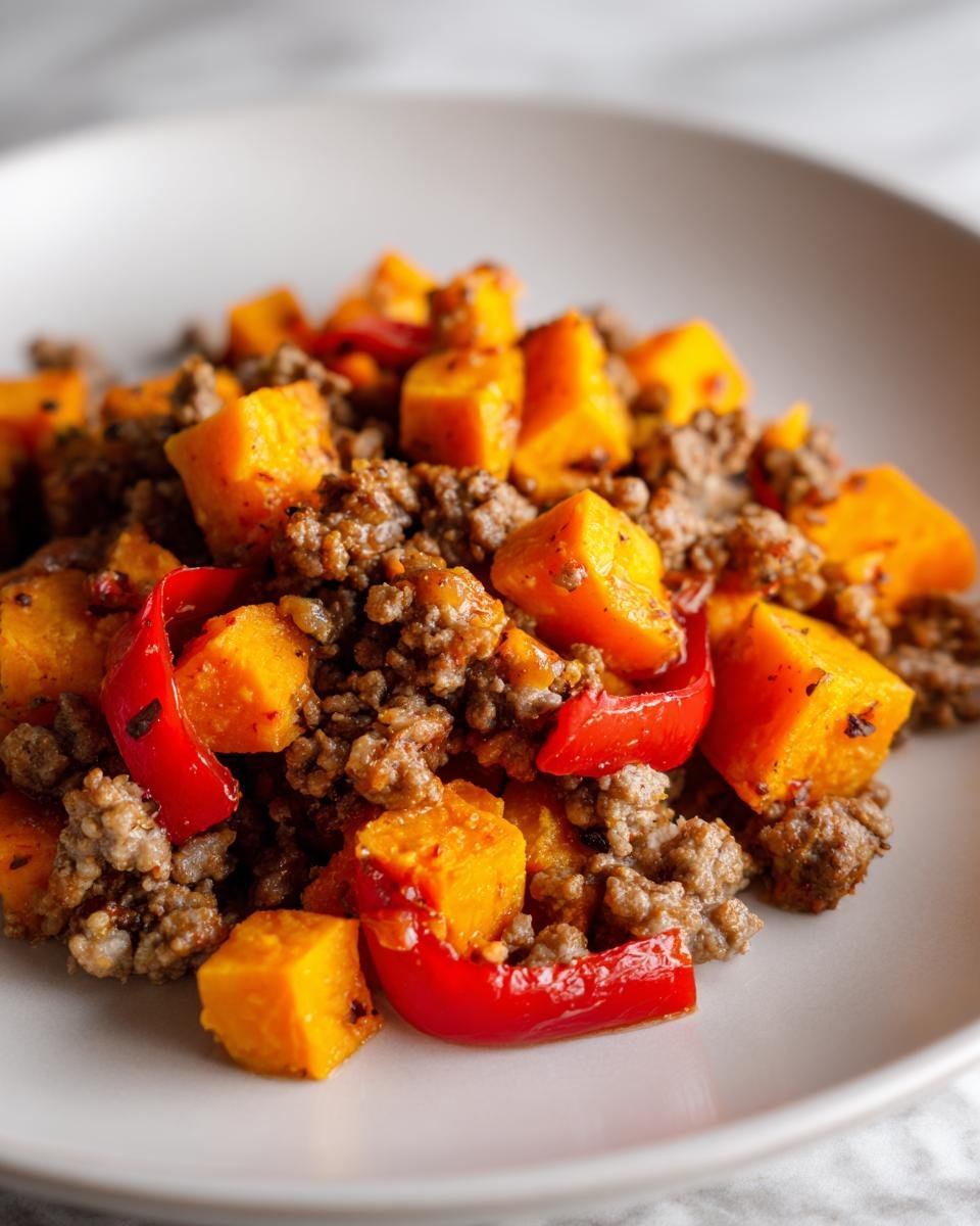 Nahaufnahme des Quick Turkey Sweet Potato Skillet mit gew&uuml;rfeltem S&uuml;&szlig;kartoffel und Hackfleisch.