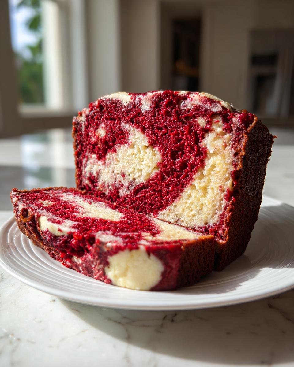 Zwei Scheiben Red Velvet Banana Bread mit Marmorierung auf einem wei&szlig;en Teller.