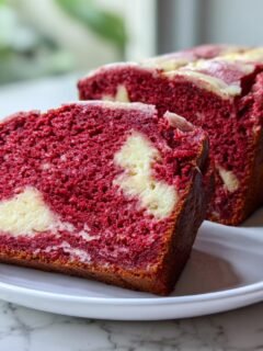 Aufgeschnittenes Red Velvet Banana Bread mit saftiger roter Krume und cremigen hellen Bananen-Swirls auf einem wei&szlig;en Teller.