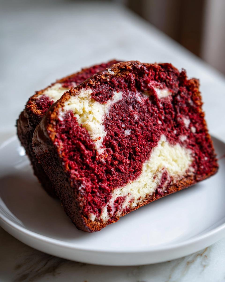Zwei Scheiben Red Velvet Banana Bread mit Marmorierung auf einem wei&szlig;en Teller.