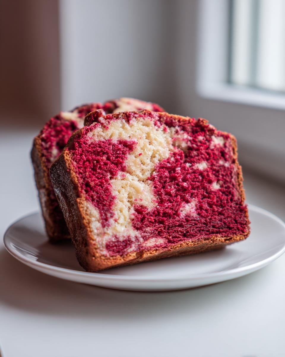 Zwei Scheiben Red Velvet Banana Bread mit Marmorierung auf einem wei&szlig;en Teller.