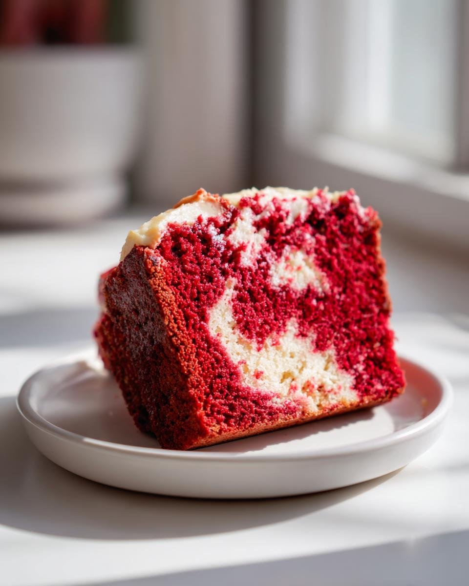 Nahaufnahme eines St&uuml;cks Red Velvet Banana Bread mit rotem und wei&szlig;em Marmoreffekt auf einem wei&szlig;en Teller.