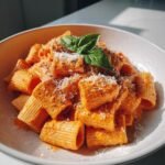 Nahaufnahme von Rigatoni Alla Vodka mit cremiger, oranger Sauce, Parmesan und Basilikum.