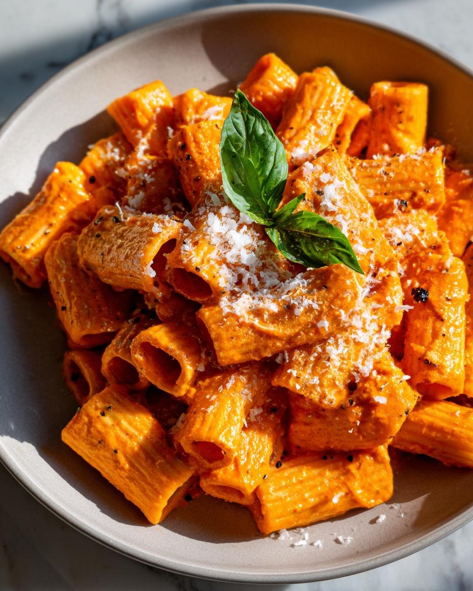 Nahaufnahme von Rigatoni Alla Vodka mit cremiger, oranger Sauce, Parmesan und Basilikum.