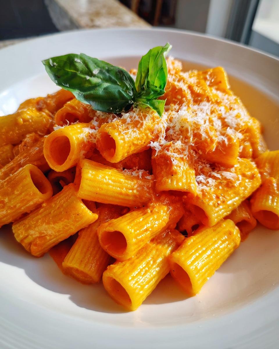 Nahaufnahme von Rigatoni Alla Vodka mit cremiger, oranger Sauce, bestreut mit Parmesan und garniert mit einem Basilikumblatt.