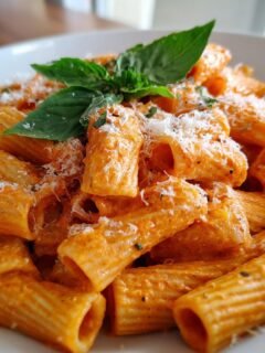 Nahaufnahme von Rigatoni Alla Vodka in cremiger Sauce, bestreut mit Parmesan und garniert mit frischem Basilikum.