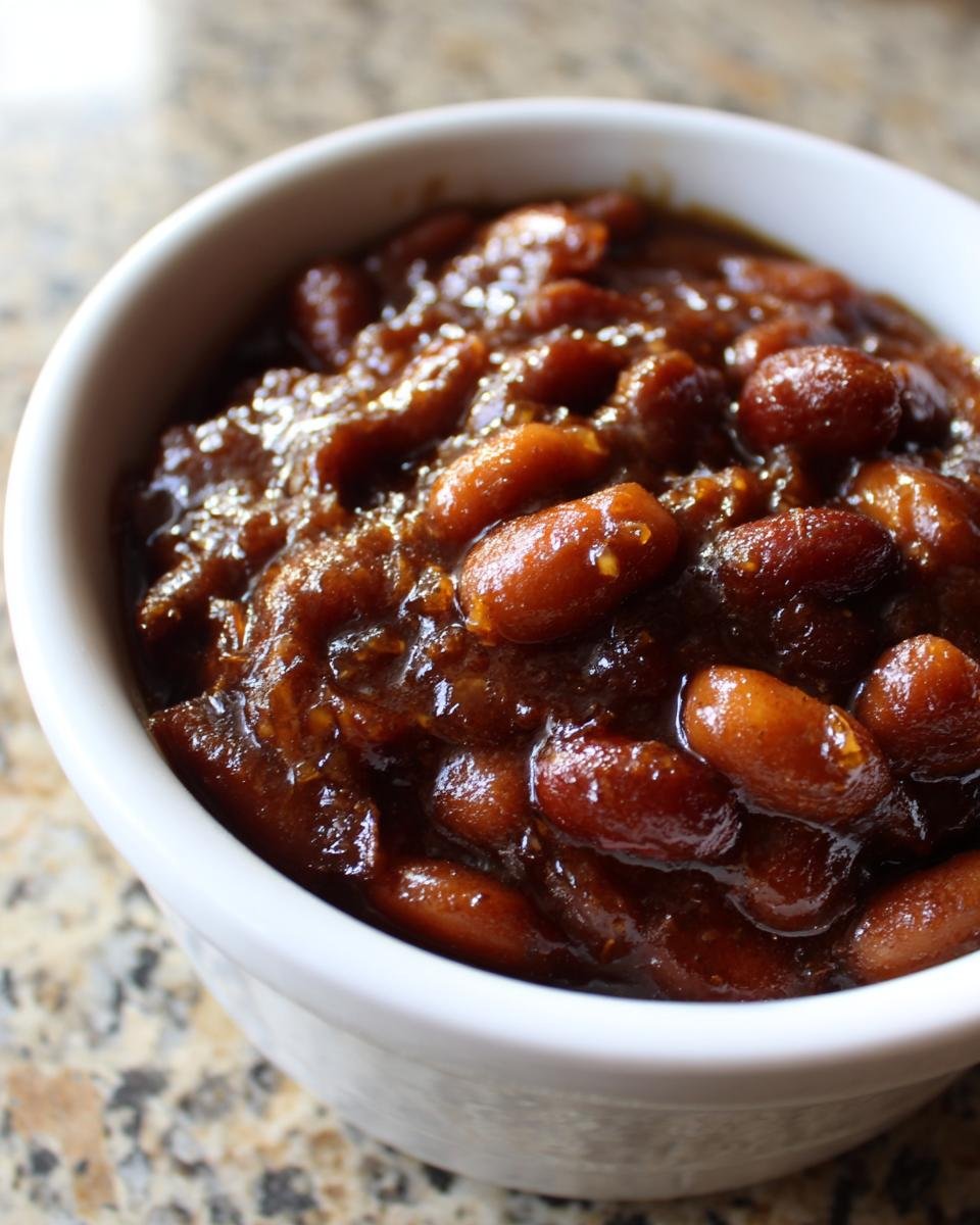Nahaufnahme von gl&auml;nzenden, braunen Root Beer Baked Beans in einer kleinen wei&szlig;en Sch&uuml;ssel auf einer Granitoberfl&auml;che.