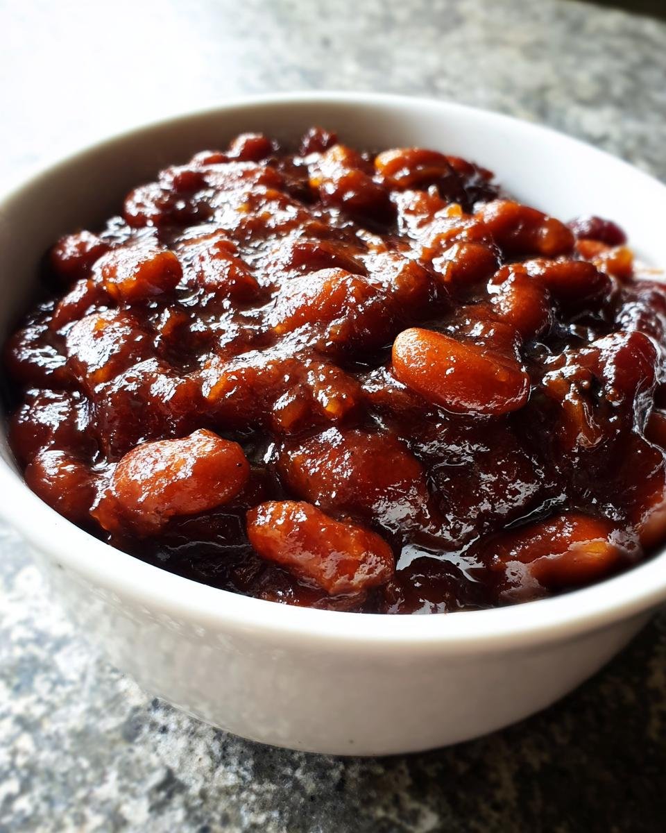 Nahaufnahme von gl&auml;nzenden, dunkelbraunen Root Beer Baked Beans in einer kleinen wei&szlig;en Sch&uuml;ssel.