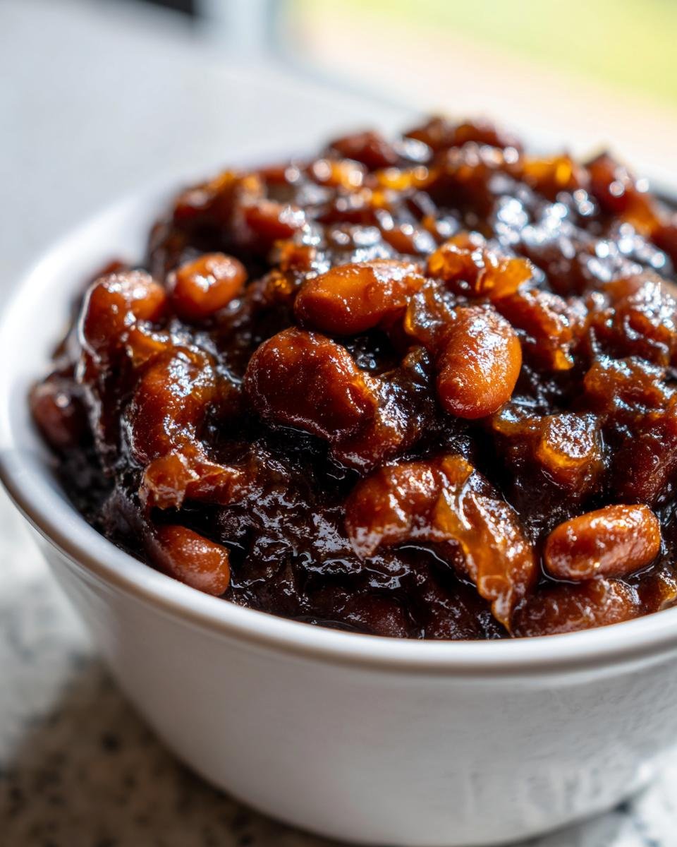 Dunkel glasierte Bohnen in einer wei&szlig;en Sch&uuml;ssel, typisch f&uuml;r Root Beer Baked Beans.