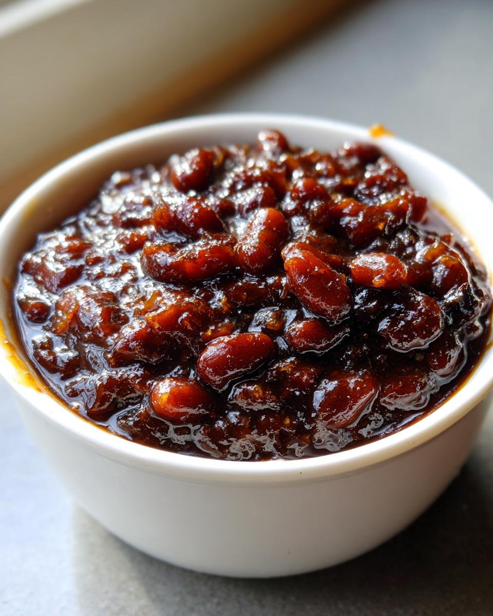 Nahaufnahme von gl&auml;nzenden, dunkelbraunen Root Beer Baked Beans in einer kleinen wei&szlig;en Sch&uuml;ssel.