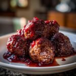 Nahaufnahme von saftigen Cranberry Meatballs, &uuml;bergossen mit einer gl&auml;nzenden, dunklen Cranberry-So&szlig;e auf einem wei&szlig;en Teller.