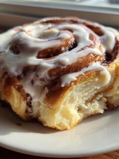 Nahaufnahme einer fluffigen Pumpkin Cinnamon Rolls mit reichlich wei&szlig;em Zuckerguss auf einem wei&szlig;en Teller.